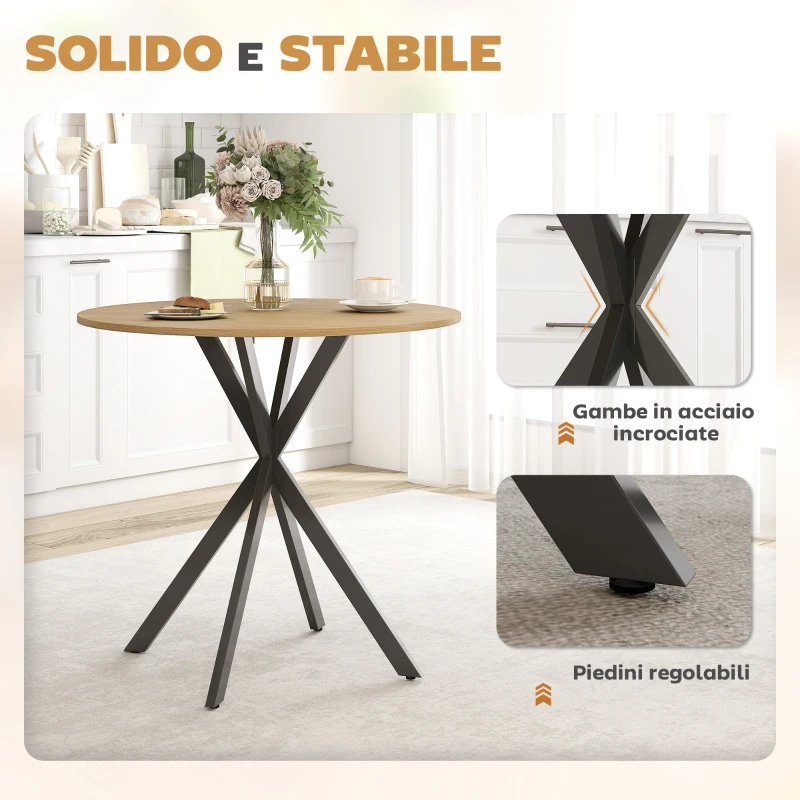 HOMCOM Tavolo da Pranzo Rotondo Stile Industriale con Gambe a Croce in Acciaio, Ø80x75 cm, Colore Quercia