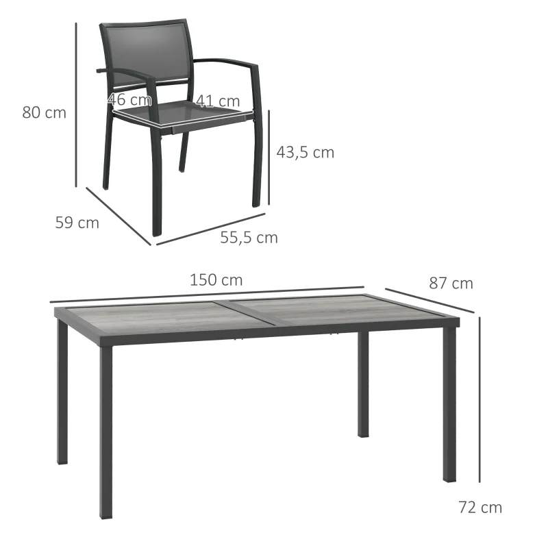 Outsunny Tuinmeubelset, tuinset, 1 tafel, 4 stoelen, 150 x 87 x 72 cm, Grijs