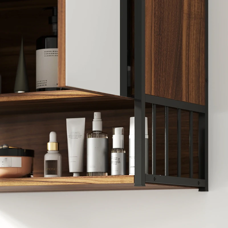 HOMCOM Armoire murale salle de bain avec miroir meuble salle de bain avec compartiment ouvert porte à fermeture amortie marron