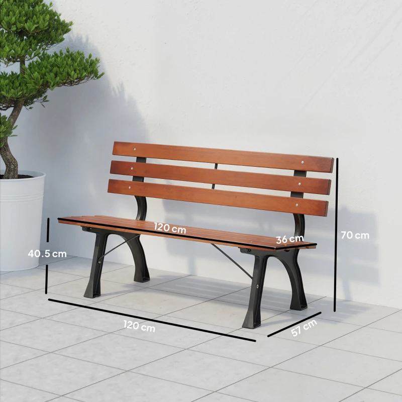 Outsunny Bancă de Grădină cu 2 Locuri din Fontă și Lemn de Brad, 120x57x70 cm, Culoare Cafea