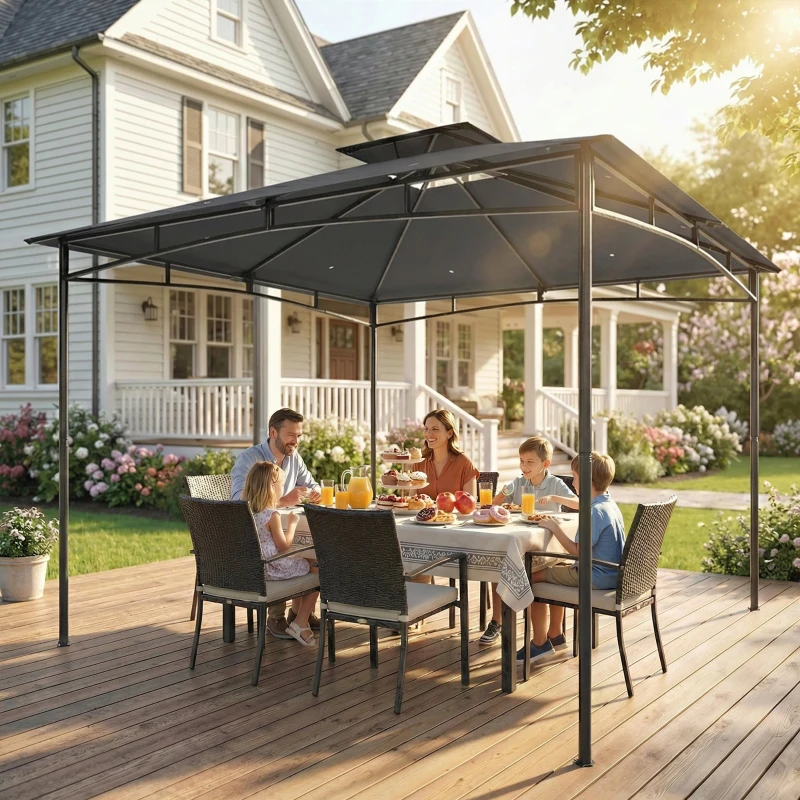 Outsunny Gazebo da Giardino 3x3 m con Doppio Tetto, in Metallo e Poliestere Grigio Scuro