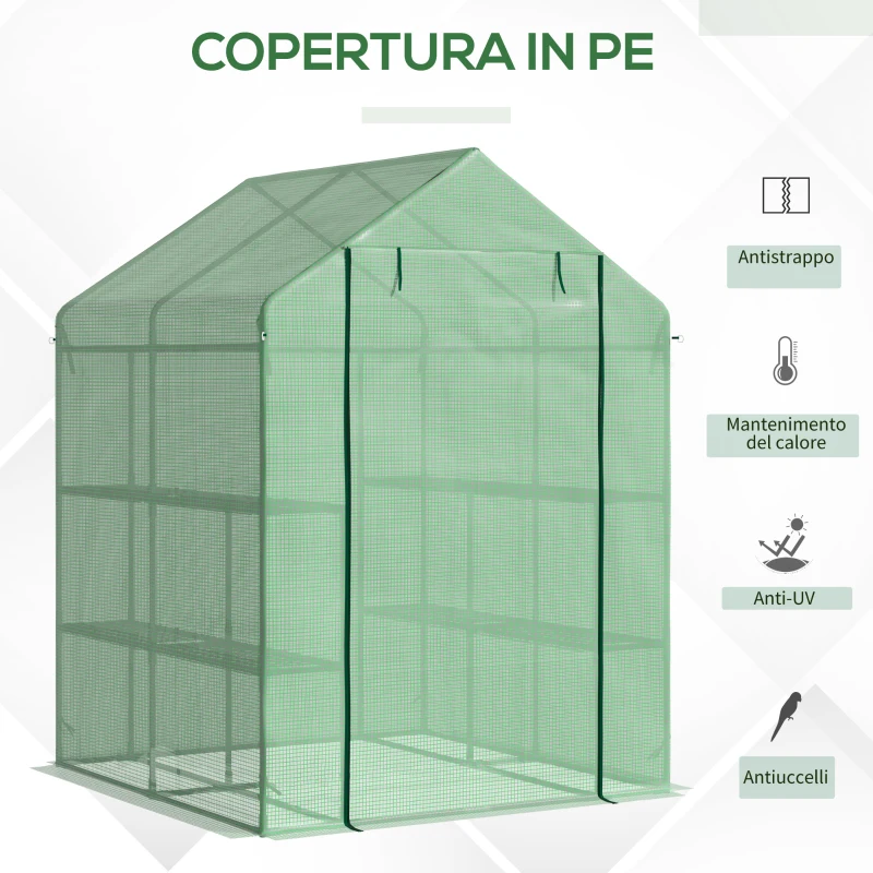 Outsunny Serra da Giardino con Scaffali, Copertura in PE e Porta Avvolgibile, 143x138x190 cm, Verde