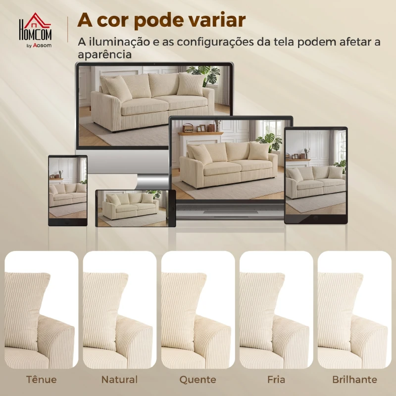 HOMCOM Sofá de 3 Lugares Moderno 212x80x88 cm Sofá Sala de Estar Estofado com 2 Almofadas Apoio de Braços e Estrutura de Aço  Creme
