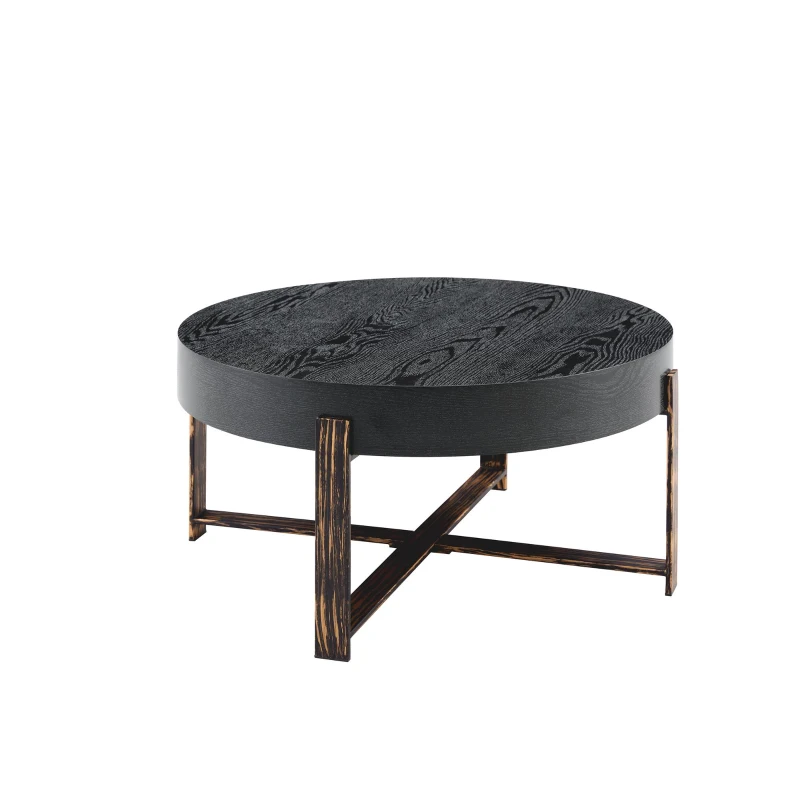 Table basse ronde style rétro‑industriel, stable et résistante, patins antidérapants et protège‑sol, 68x68x36 cm, Noir