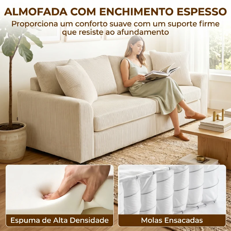 HOMCOM Sofá de 3 Lugares Moderno 212x80x88 cm Sofá Sala de Estar Estofado com 2 Almofadas Apoio de Braços e Estrutura de Aço  Creme