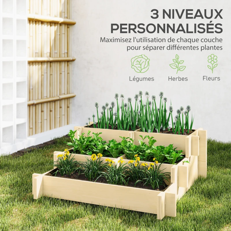 Outsunny Carré Potager de jardin en Bois massif, Jardinière Surélevé en Escalier 3 Niveaux, 93 x 93 x 35 cm, effet Bois Naturel