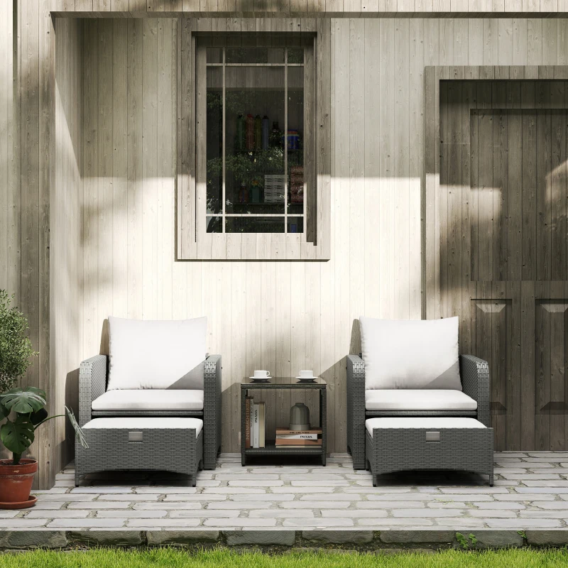 Outsunny Five Piece Rattan Garden Furniture Set with 2-Tier Coffee Table and Ottomans  - Cream White