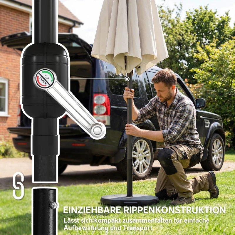 Outsunny Parasol Ø300 cm Kantelbaar Balkonparasol met Draaihendel, Kruisvoet en Zandzak, UV 30+ Inklapbaar Crèmewit