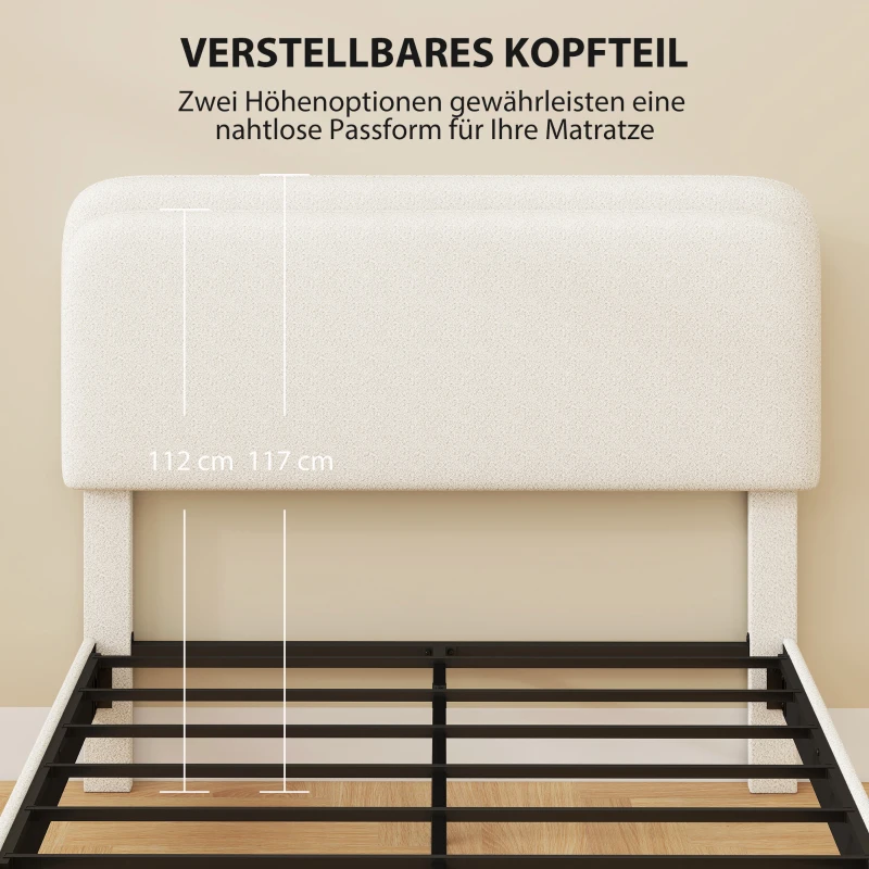 HOMCOM Eenpersoonsbedframe met teddy-fleece hoofdbord, metalen bedframe, eenvoudige montage, wit