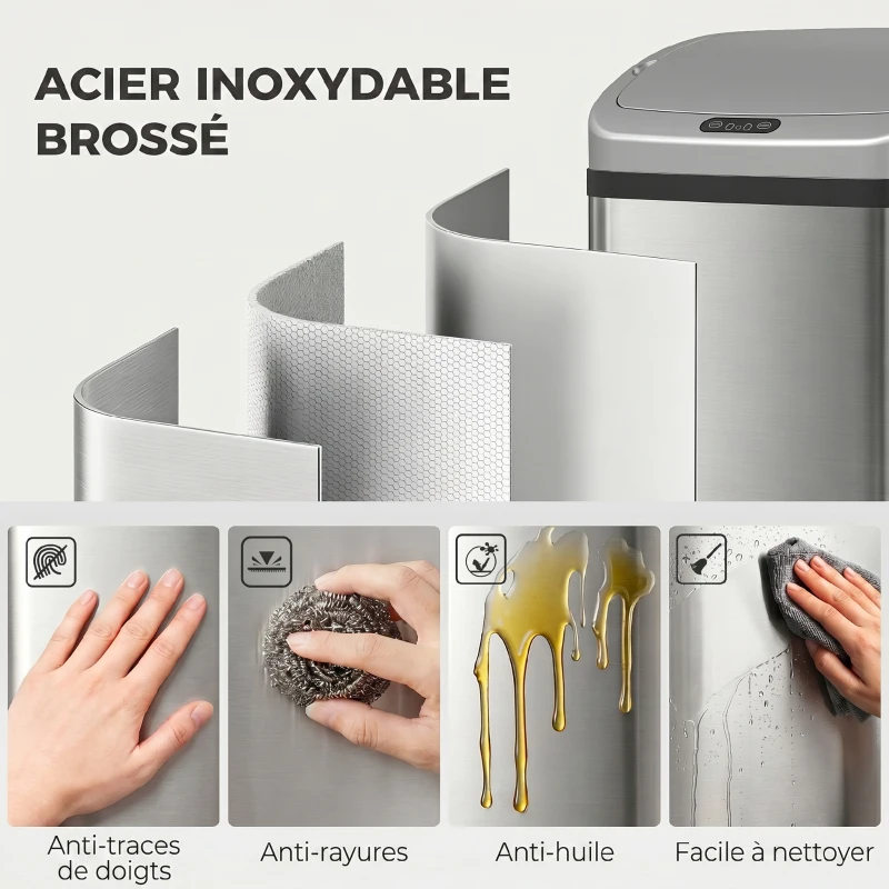 HOMCOM Poubelle de cuisine automatique 48L en acier inoxydable, couvercle à fermeture en douceur, 33x25x69cm, argent