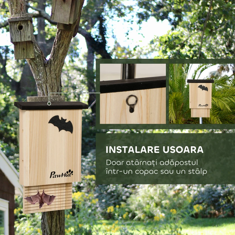 PawHut Set de 3 căsuțe pentru lilieci din lemn de brad pentru exterior, 25x6x37.5 cm, lemn natural