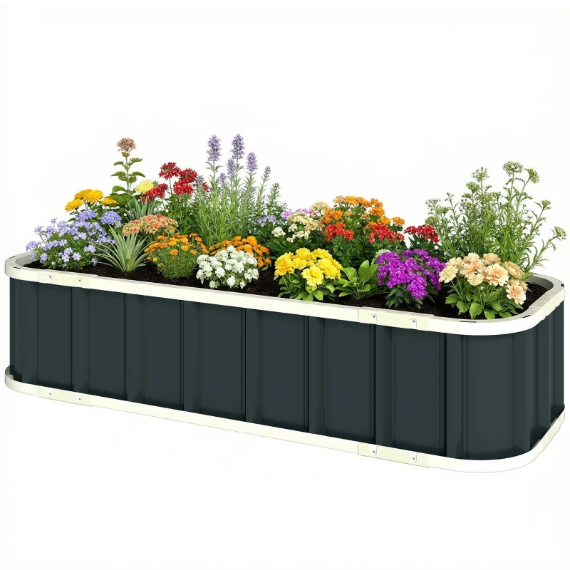 Outsunny Verhoogde bak staal, plantenbak met kliksluitingen en gevouwen rand 136 x 52 x 31 cm Donkergrijs