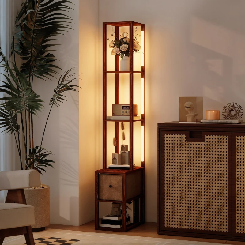 HOMCOM Floor Lamp with Shelves, LED Column Modern Standing Lamp with Fabric Drawer, Adjustable Brightness, Foot Switch for Living Room, Bedroom, Office, Dark Brown