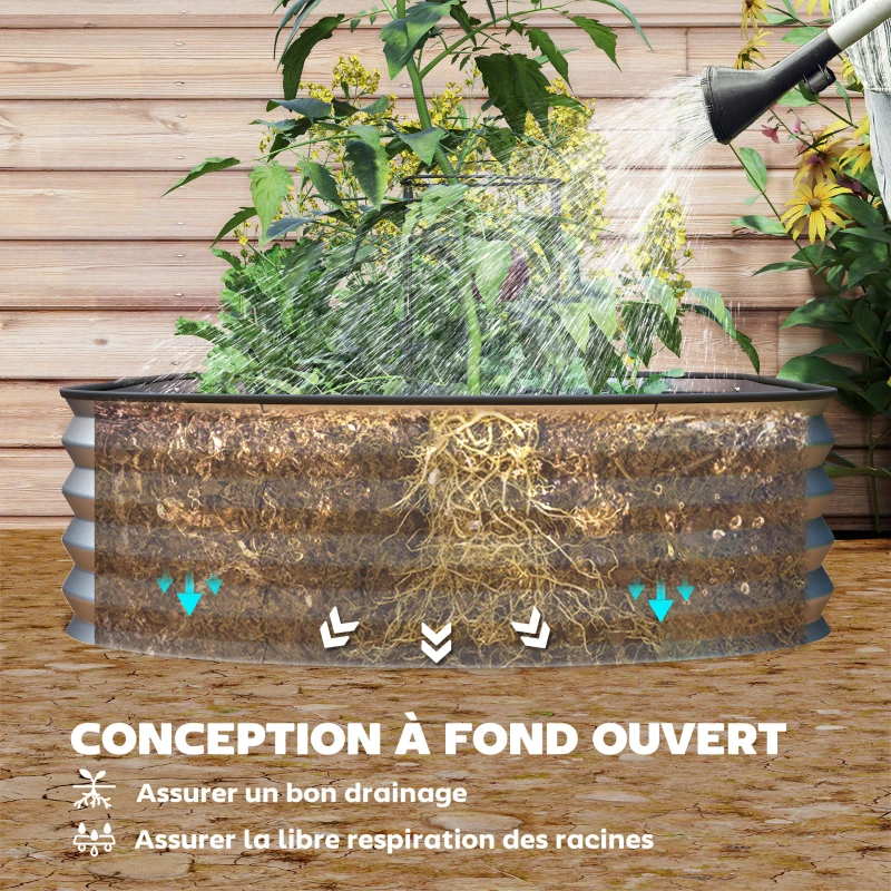 Outsunny Jardinière surélevée galvanisée en acier lit de jardin bordure caoutchouc 181 x 93 x 30 cm argent