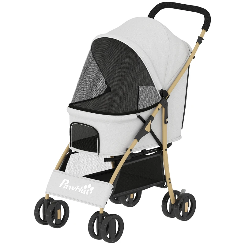 PawHut Carrinho para Animais de Estimação com Capota Ajustável e Cesta de Armazenamento 80x44,5x97 cm Cinzento Claro