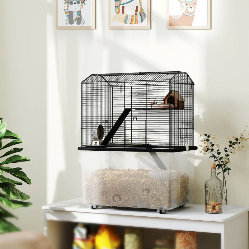 PawHut Three-Tier Gerbil Cage, Hamster Cage for Dwarf Hamster w/ Wheels, Deep Bottom, Food Dish, Water Bottle