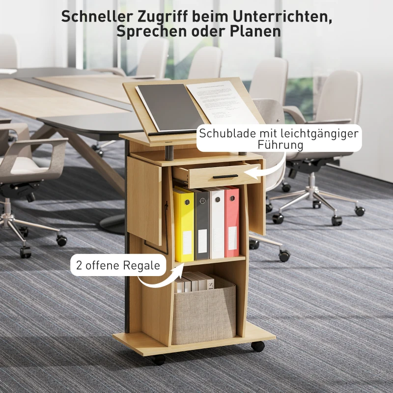 HOMCOM Mobiele lessenaar met inklapbare zijbladen, laptoptafel met lade en schappen, eikenlook(m-6)