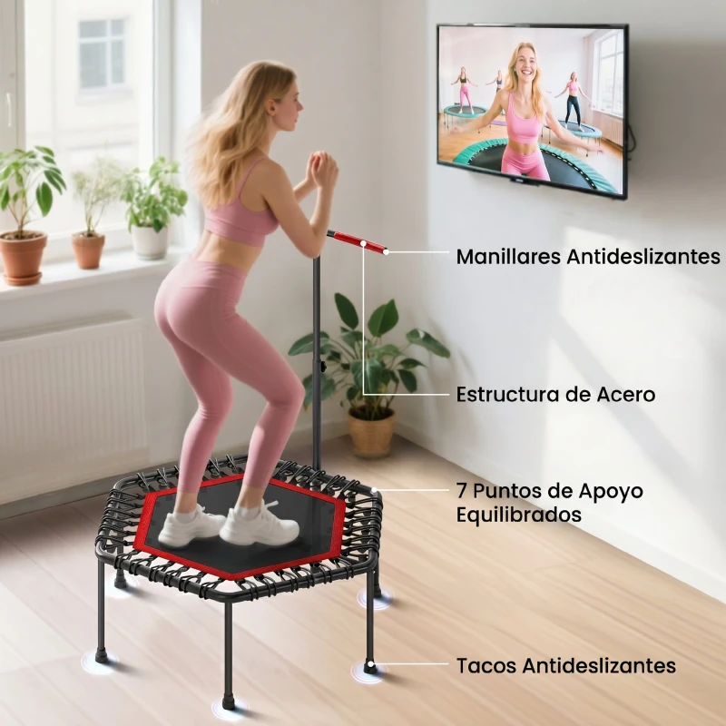 SPORTNOW Trampolín de Fitness 114x114x132 cm con Mango Ajustable de 3 Niveles y Marco de Acero Rojo