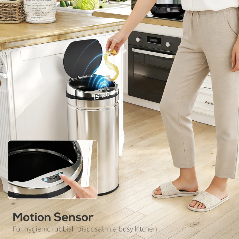 HOMCOM 42L Automatic Motion Sensor Rubbish Bin with Fingerprint Resistant, Stainless Steel, Silver Tone