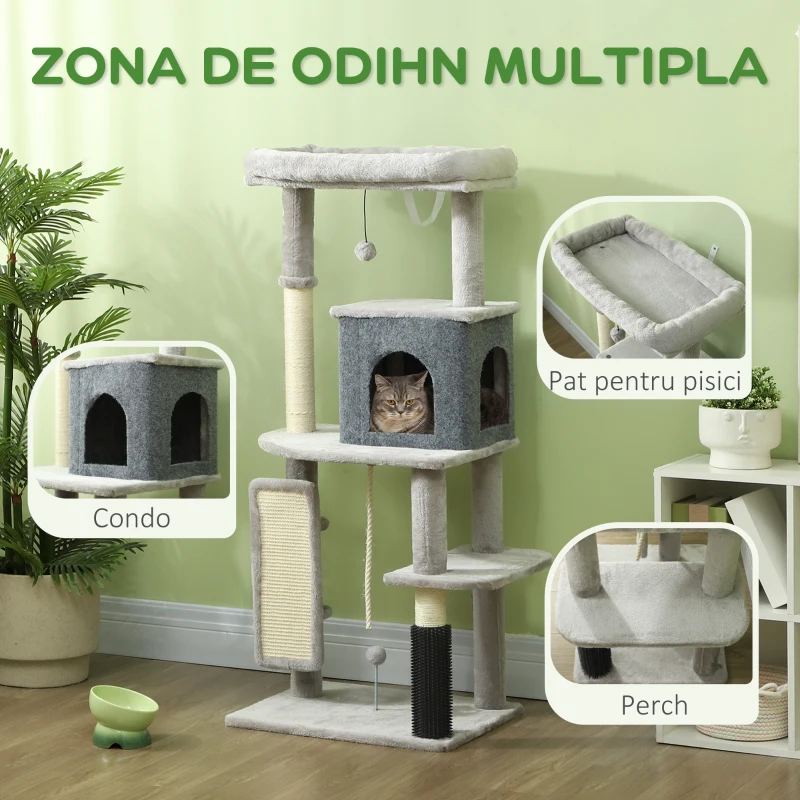 PawHut Copac pentru Pisici Multifuncțional, Înalt de 132 cm, cu Căsuță, Pat, Stâlpi de Zgâriat, Perie și Minge, Gri