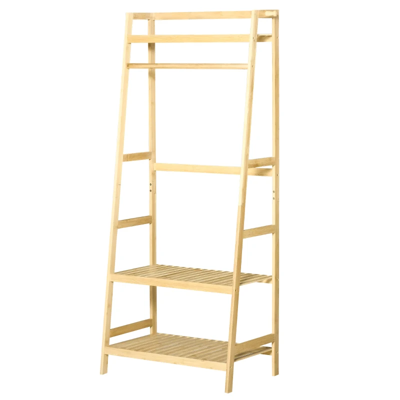 HOMCOM Perchero de Pie de Bambú Perchero Trapezoidal con Estantería de 3 Niveles con Barra y Colgador 70x42x164 cm Natural