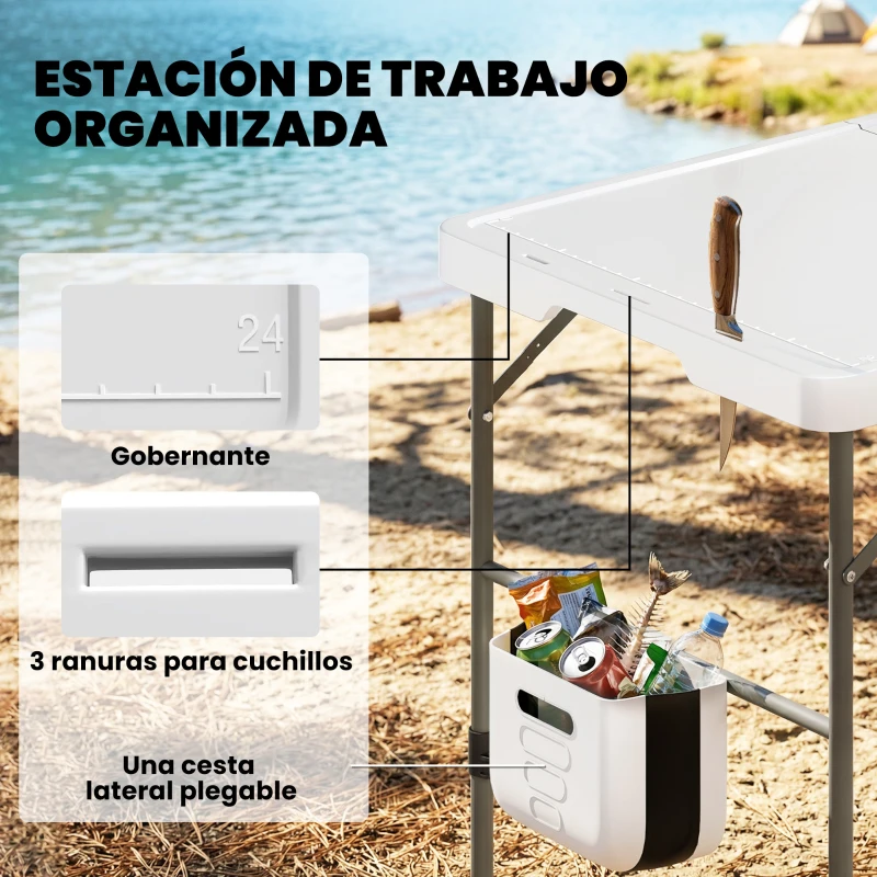 Outsunny Mesa Plegable Camping con Fregadero Grifo Altura Regulable Cubo Plegable Ranuras Regla y Bolsa de Transporte