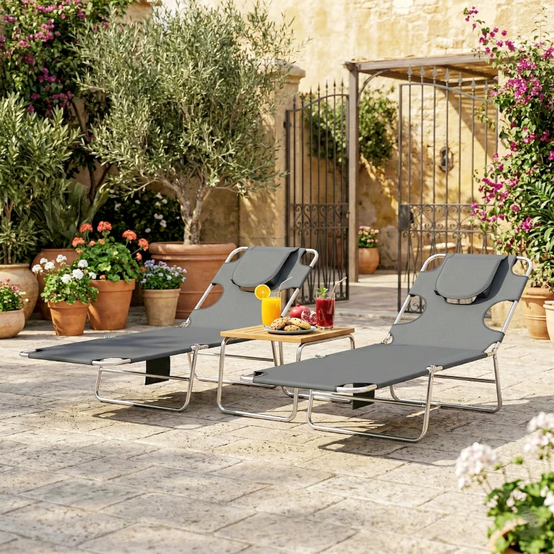 Outsunny 5-Position Adjustable Sun Loungers Set of 2 with Reading Hole and Side Pocket, Dark Grey