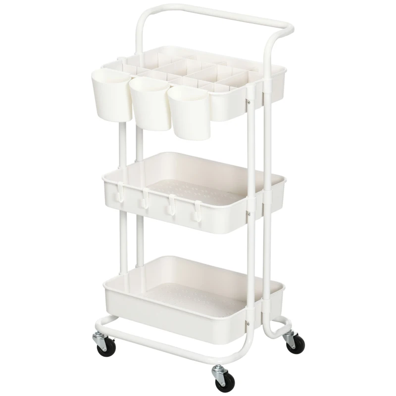HOMCOM Chariot à 3 niveaux desserte avec 4 crochets et 3 boîtes suspendues amovibles pour 42 x 38 x 86,5 cm blanc
