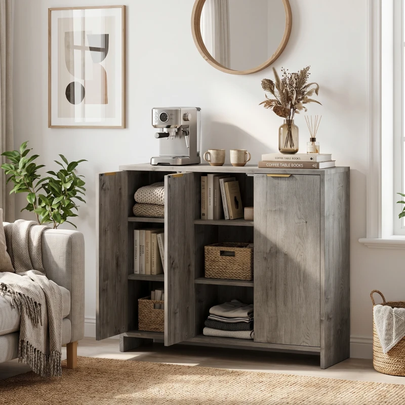 HOMCOM Sideboard Cabinet, Modern Storage Cabinet with 3 Doors and Adjustable Shelves for Living Room, Dining Room, Grey