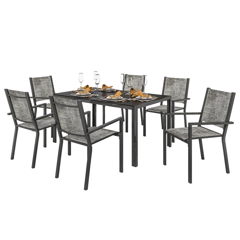Outsunny Table de jardin extérieure avec 6 chaises empilables, plateau à lattes 150 cm, structure en acier anti-rouille, noir