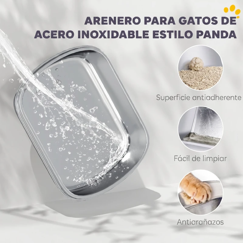 PawHut Arenero para Gatos Grandes Cubierto XL de Acero Inoxidable con Tapa Abatible Pala Bolsa Desodorante Diseño Panda Negro