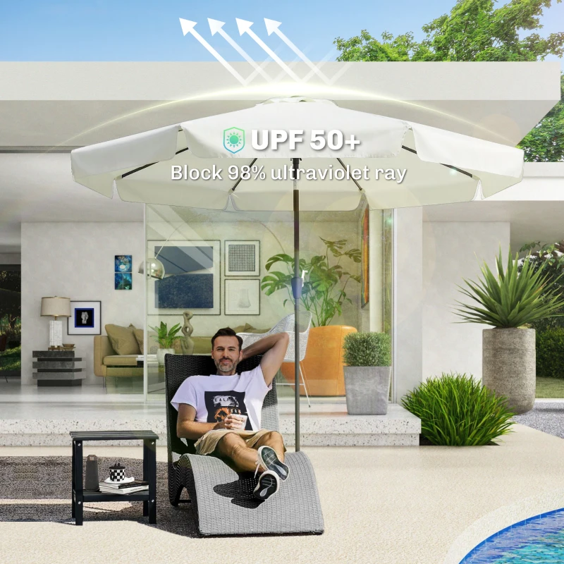 Outsunny 2.7m Patio Parasol Garden Umbrellas with Aluminium Pole, UPF 50+ Outdoor Sun Shade Table Umbrella with Tilt, Crank, 8 Ribs, Ruffles, White