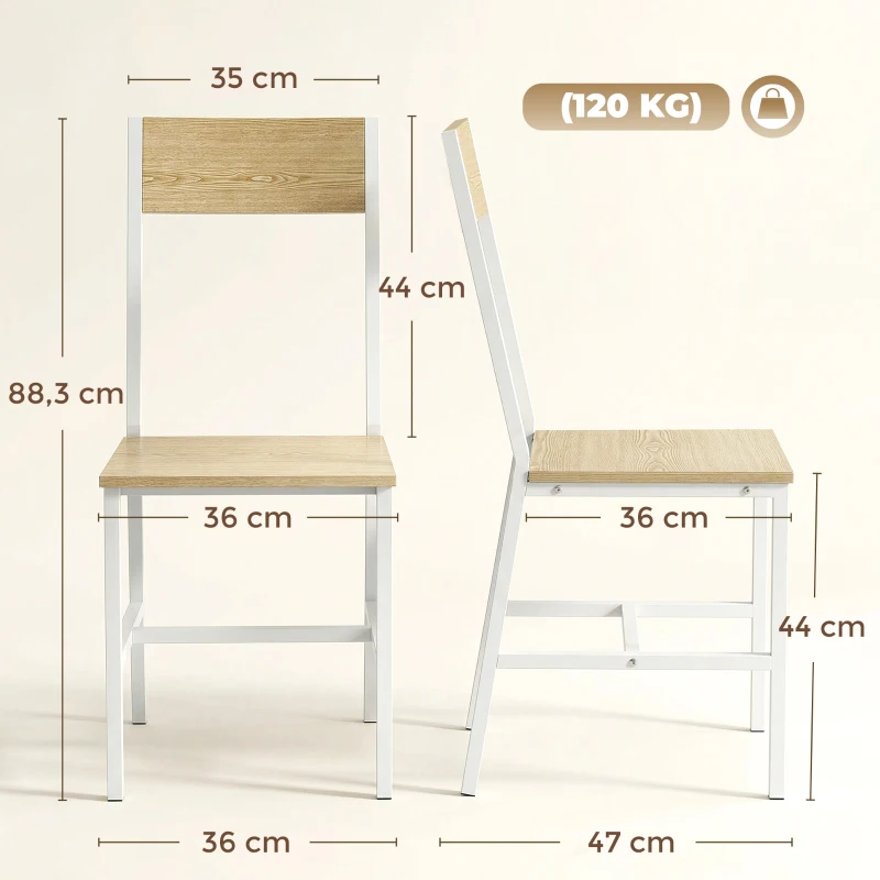 HOMCOM Conjunto de 2 Cadeiras de Jantar Cadeiras de Cozinha Modernas com Encosto Inclinado Estrutura Metálica 36x47x88,3 cm Madeira e Branco