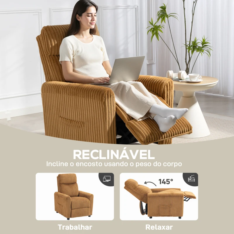 HOMCOM Poltrona Relax Reclinável Manual Estofada em Veludo com Apoio para Pés 73x86x100 cm Marrom