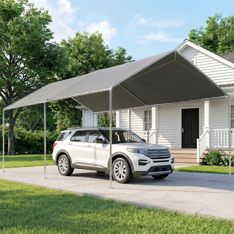 Outsunny Carport auvent pour voiture 595 x 294 cm acier galvanisé robuste toit PE haute densité gris