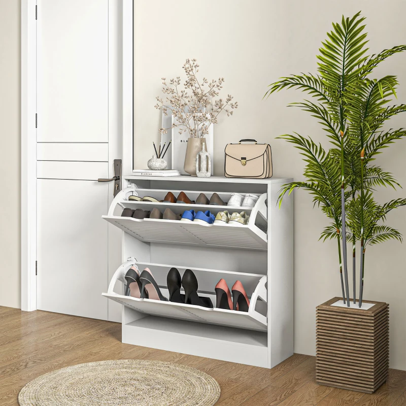 HOMCOM Dulap pentru încălțăminte compact din lemn, pentru 16 perechi de pantofi, cu 2 uși rabatabile, 81.5x25x83cm, alb(m-8)