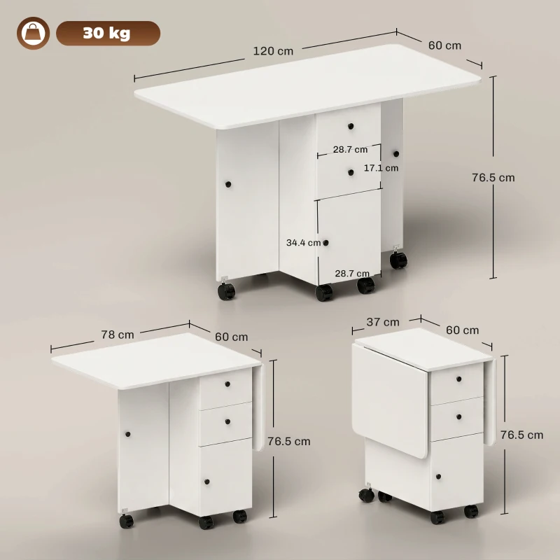 HOMCOM Multi-Storage Six-Person Drop Leaf Dining Table -  White