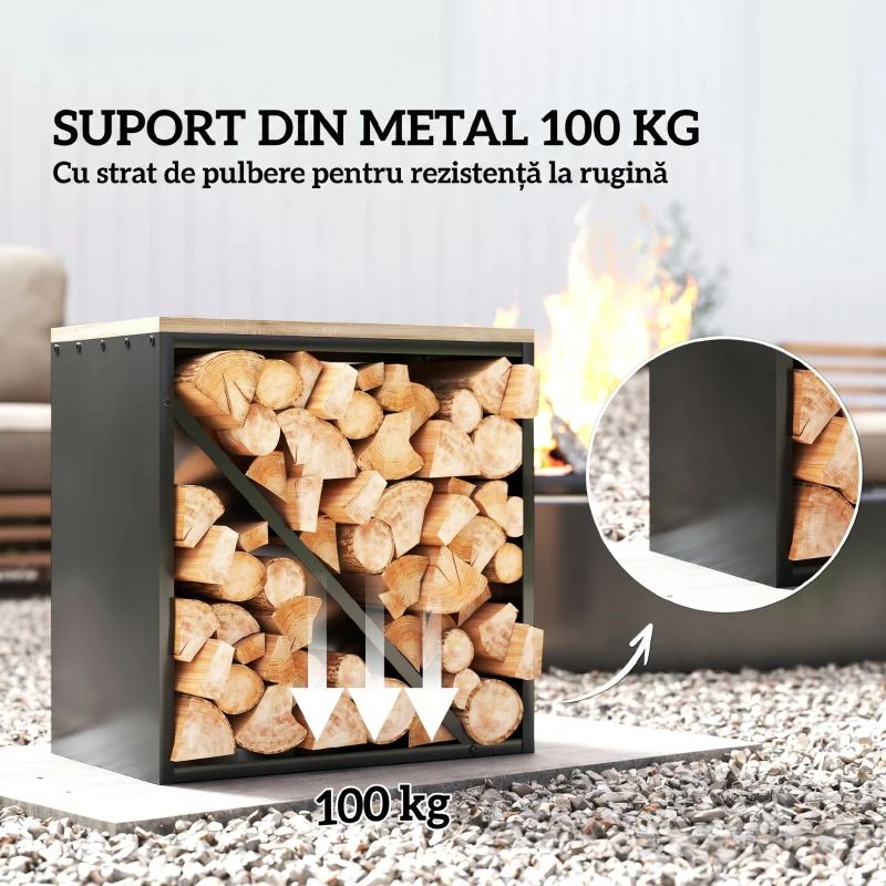 Outsunny Suport pentru Lemne de Interior 2 în 1, Suport Înălțat cu Separator, pentru Șemineu, 58 x 36 x 60 Cm, Negru