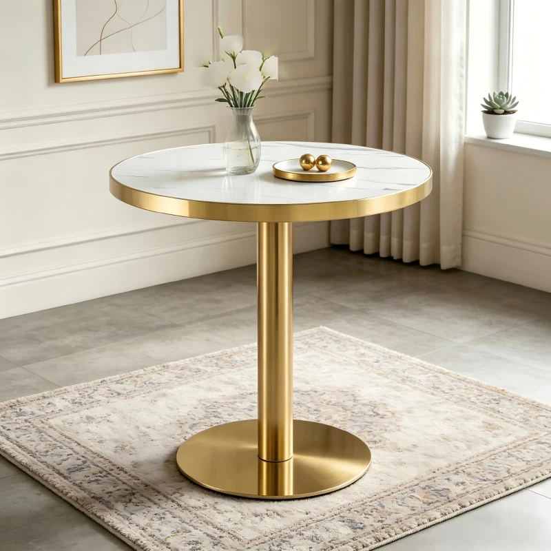 Table d'appoint ronde moderne, stabilité optimale et un gain de place, 60x60x74 cm, Blanc+Doré