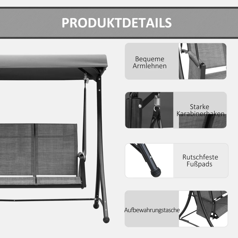 Outsunny 3-personen tuinschommelbank aluminium met zonnedak, grijs