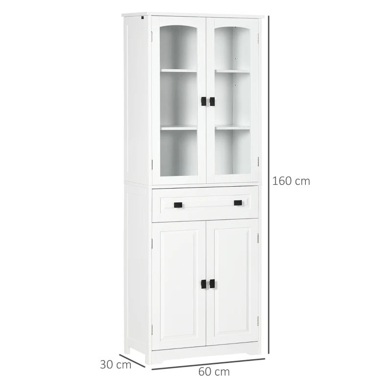 HOMCOM Alacena de Cocina con 2 Puertas de Vidrio 2 Estantes Ajustables y Cajón para Salón Comedor 60x30x160 cm Blanco