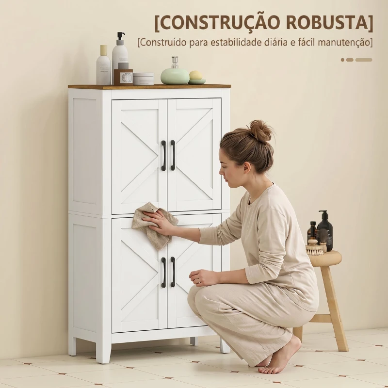 HOMCOM Armário Estreito para Casa de Banho com Portas Estilo Celeiro, 4 Prateleiras Ajustáveis, 60x30x110 cm, Branco