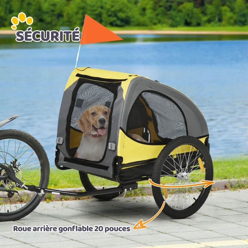 PawHut Remorque de vélo pour chien avec fenêtres en maille réflecteurs et drapeau de sécurité 140 x 71 x 83 cm jaune