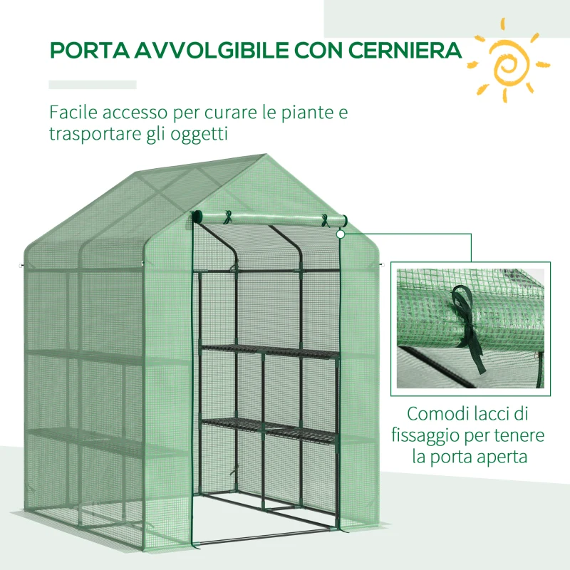 Outsunny Serra da Giardino con Scaffali, Copertura in PE e Porta Avvolgibile, 143x138x190 cm, Verde