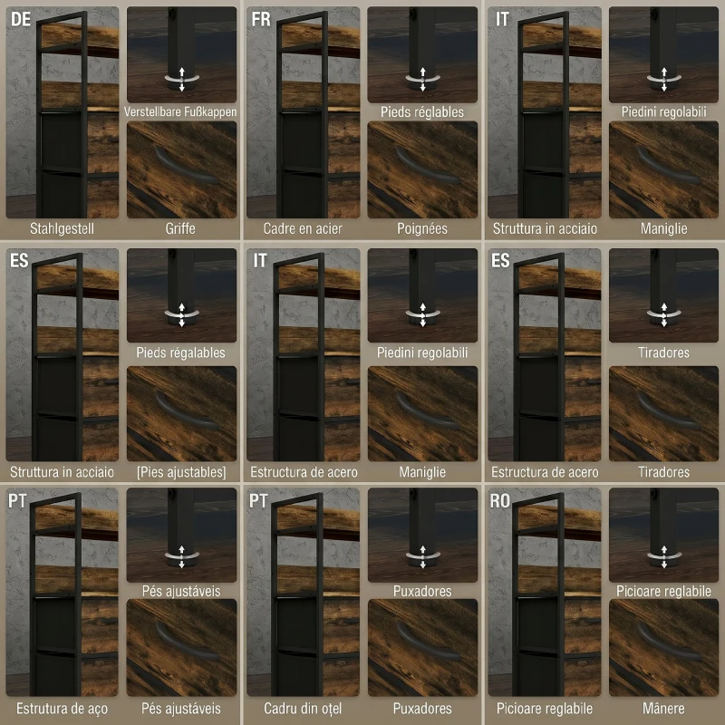 HOMCOM Comodă cu 7 Sertare Detașabile cu 2 Rafturi Industrial din Lemn și Oțel, 79x29x101 cm, Maro și Negru