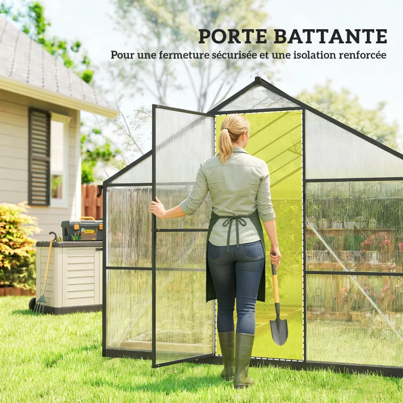 Outsunny Serre de jardin en aluminium polycarbonate, serre avec fenêtres supérieures réglables 363x247x205cm noir