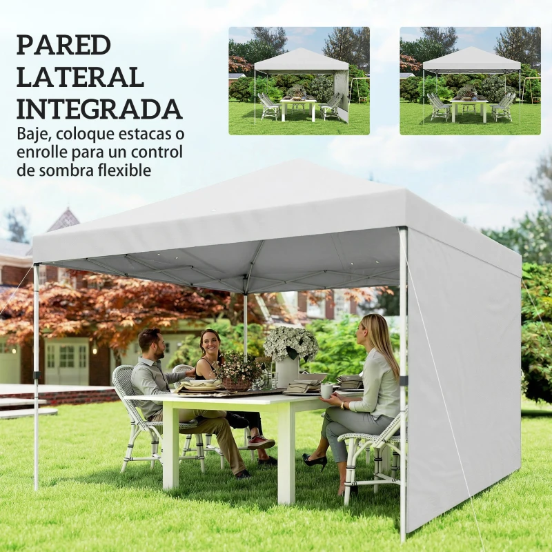 Outsunny Carpa Plegable Pop-up 3x3 m con Pared Lateral UPF50+ Altura Ajustable Empuje Central Bolsa de Transporte Blanco