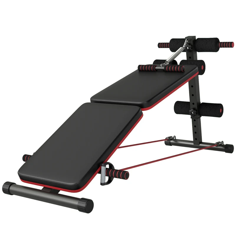 HOMCOM Banc de musculation pliable multifonction banc Fitness sit-up sangles d'extension latérales + ressort traction acier revêtement synthétique rouge noir