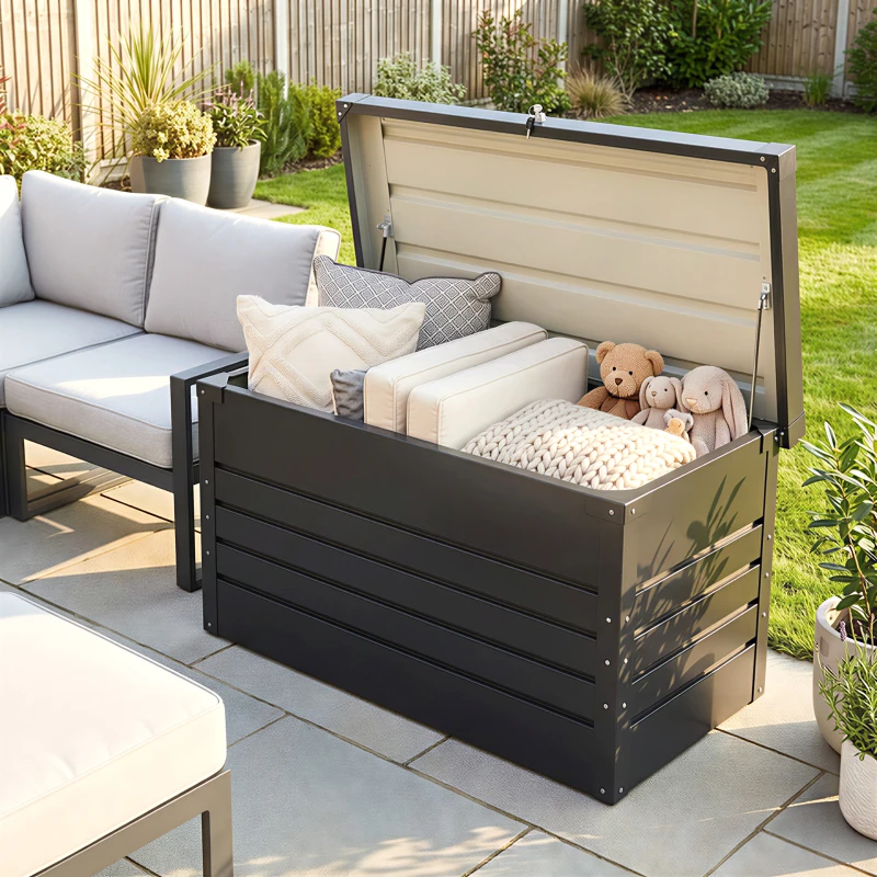 Outsunny Coffre de rangement métal boîte de jardin 350L double vérins à gaz  verrouillable pour coussins outils gris anthracite