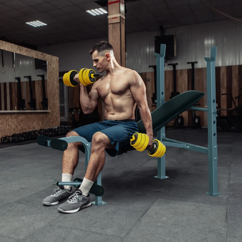 HOMCOM Banc de musculation Fitness banc d'haltérophilie dossier réglable + Ensemble d'haltères courtes ou longues 20 Kg barre d'extension incluse entraînement musculaire & haltérophilie
